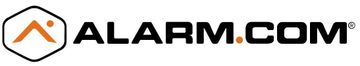 Logo for Alarm.com, featuring a hexagon with an orange upward-pointing arrow, and the company name in black text.