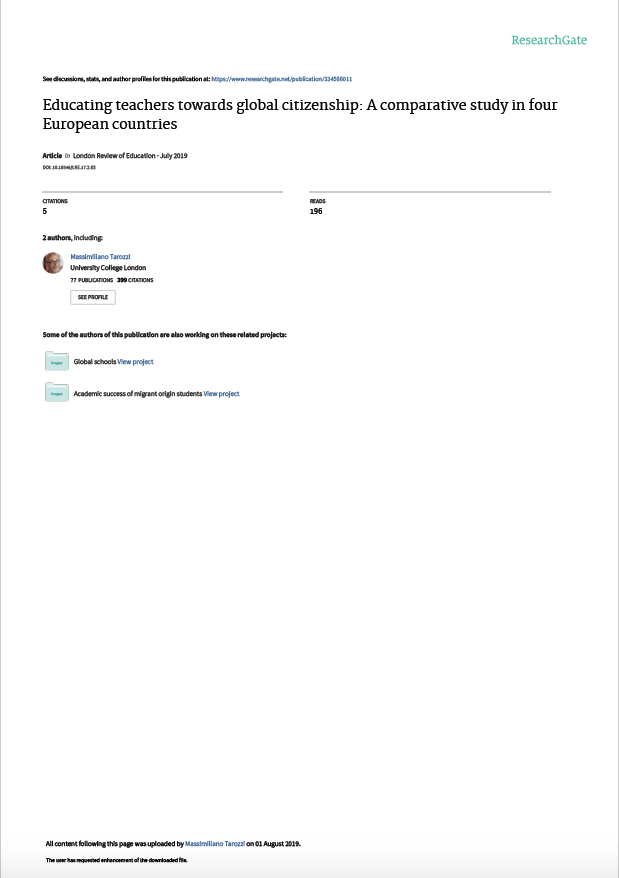 a page from a researchgate article about educating teachers towards global citizenship