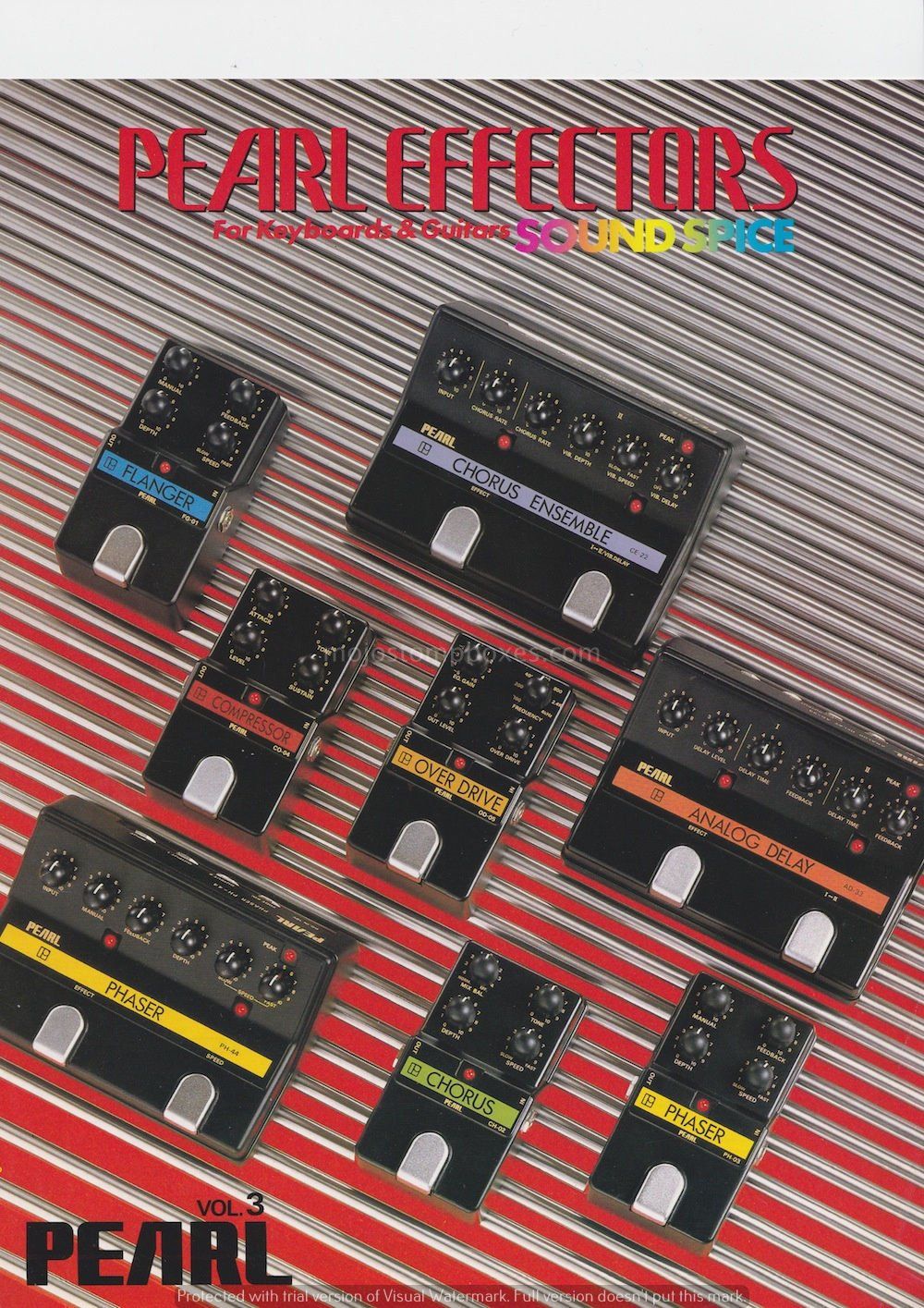 Honestly, you can put guitars and keys through them too! An advert for Pearl effectors for keyboards and guitarists