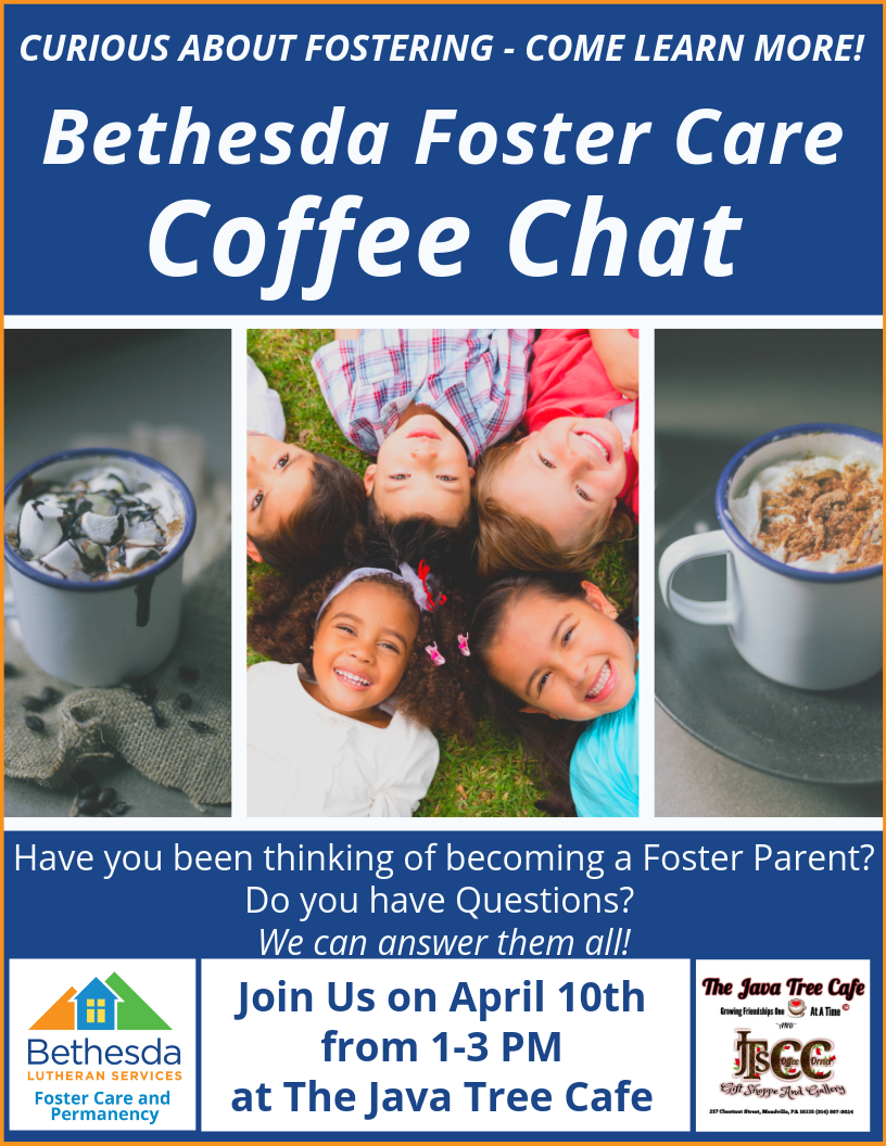 Flyer for Bethesda Foster Care Coffee Chat at The Java Tree Cafe. Features children and coffee cups.