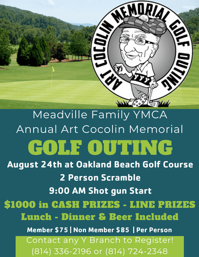 Poster for Meadville Family YMCA golf outing, August 24th at Oakland Beach Golf Course. Features a cartoon of a man with text about prizes, food, and registration.