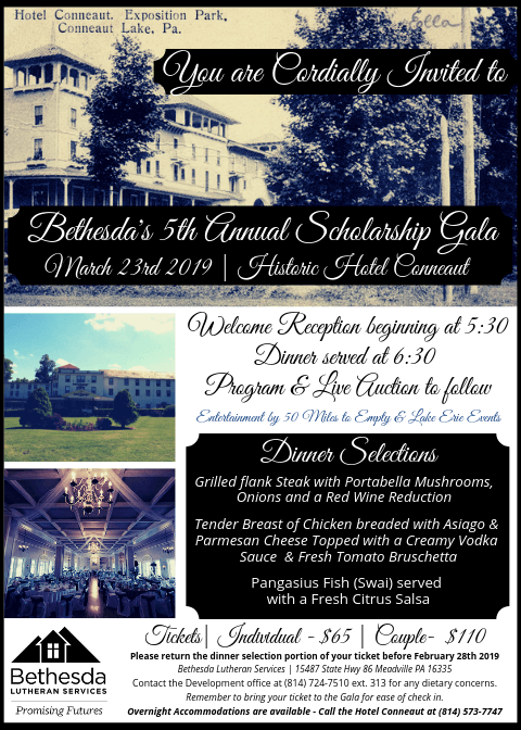 Flyer for Bethesda's scholarship gala at Hotel Conneaut. Includes date, time, dinner selections, and ticket information.