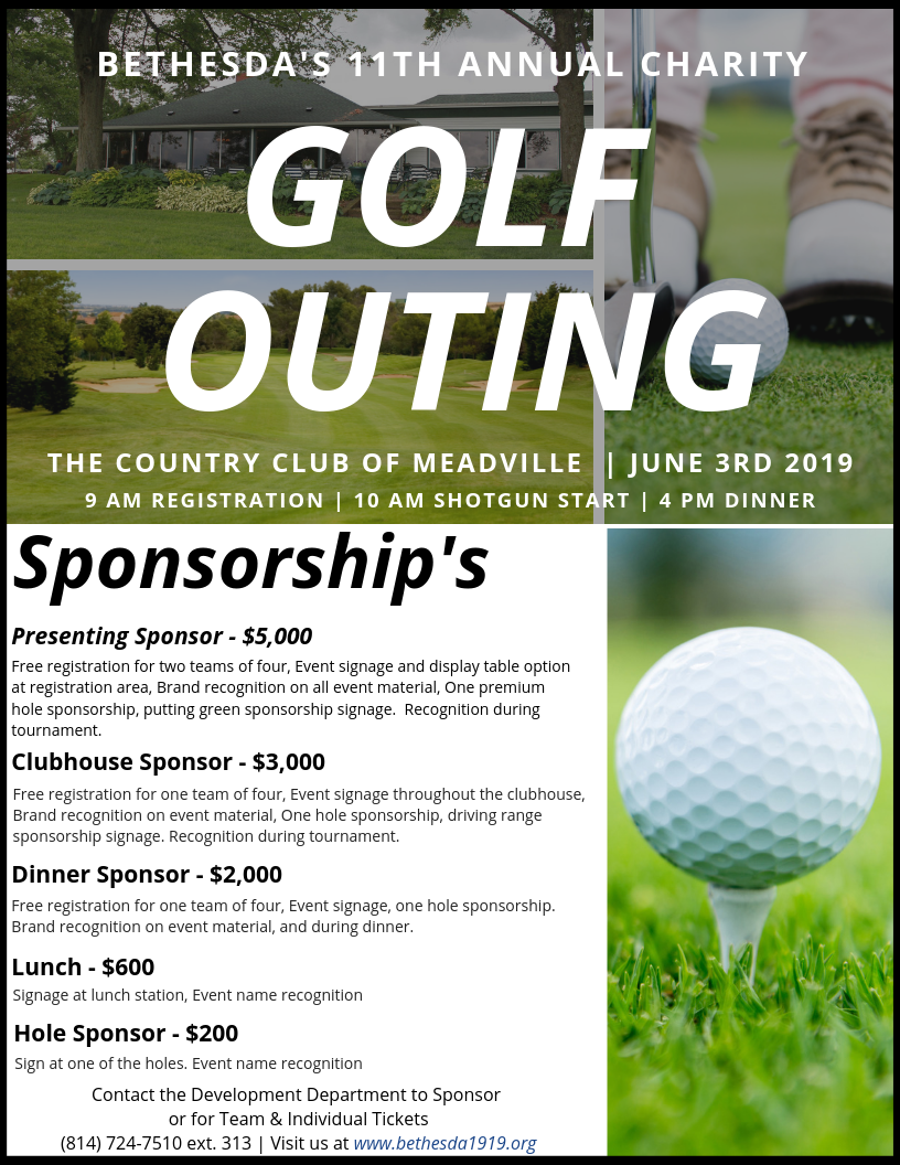 Golf outing flyer for Bethesda's 11th annual charity event at The Country Club of Meadville, June 3rd, 2019. Sponsors needed.