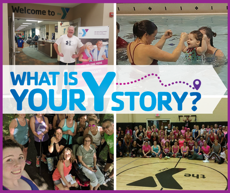 Collage: People at YMCA, including swimming, exercise, and a man running. Text: 