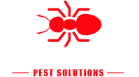 A red ant is on a white background with the words pest solutions.