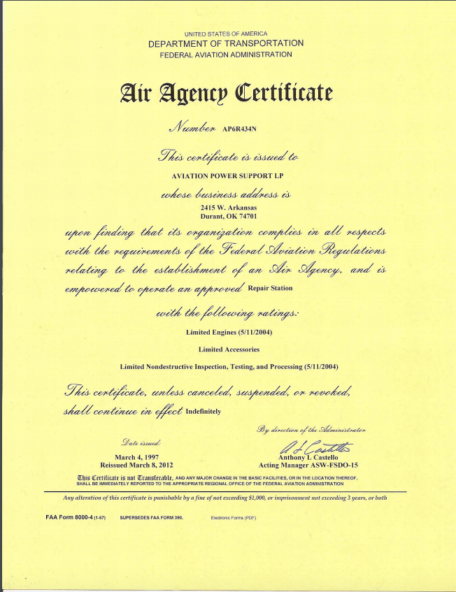 A certificate from the department of transportation that says air agency certificate