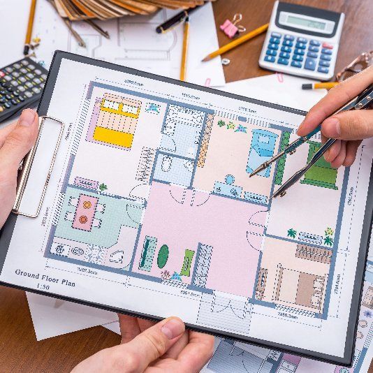 A person is holding a clipboard with a floor plan of a house on it.