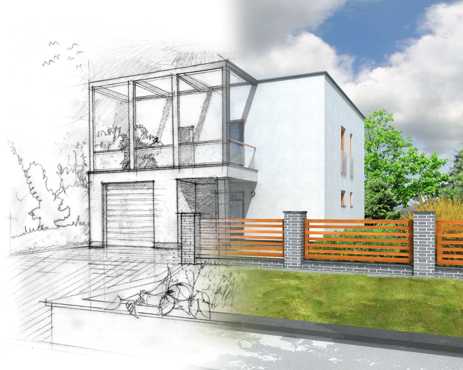 A black and white drawing of a house with a wooden fence.