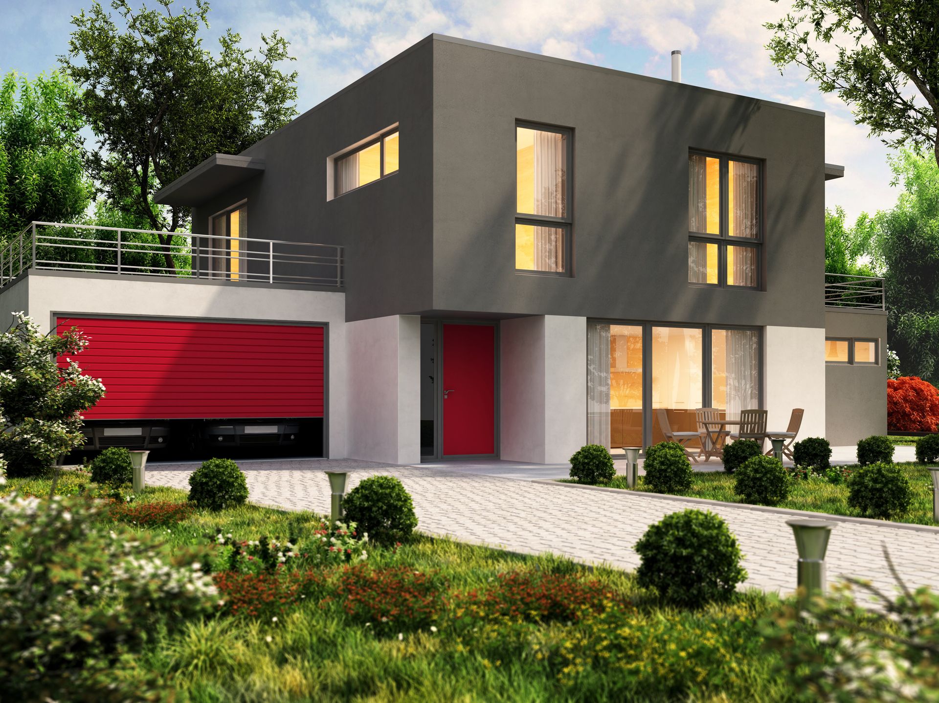 A gray and white house with a red garage door
