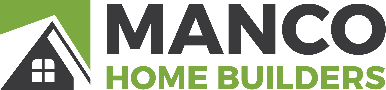 The logo for manco home builders has a house on it.