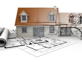 A black and white drawing of a house with a red roof