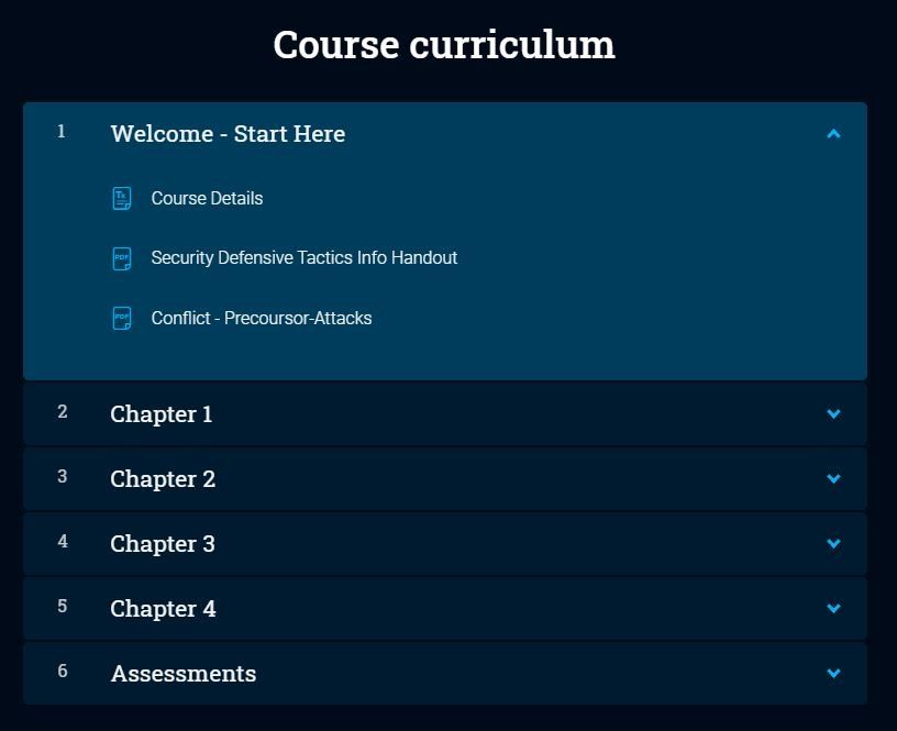 Dark blue course curriculum menu with expandable sections, including Welcome and Chapters 1–4, plus Assessments