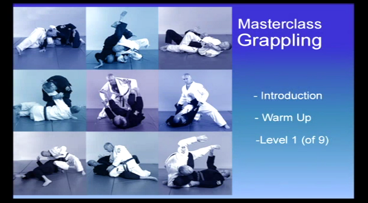 Masterclass Grappling slide with blue-toned grappling photos and bullets for Introduction, Warm Up, and Level 1 of 9