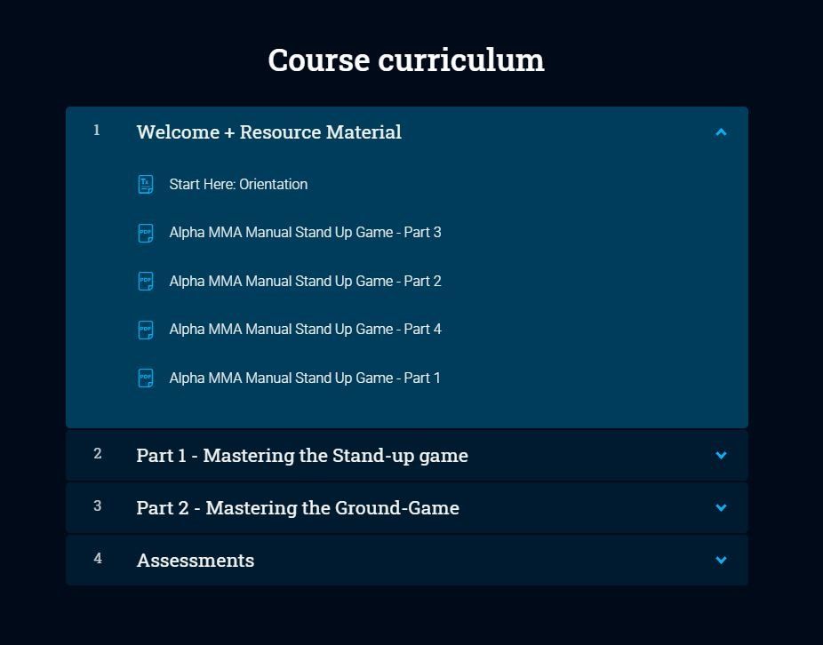 Dark blue course curriculum menu with sections for welcome material, parts 1–2, and assessments