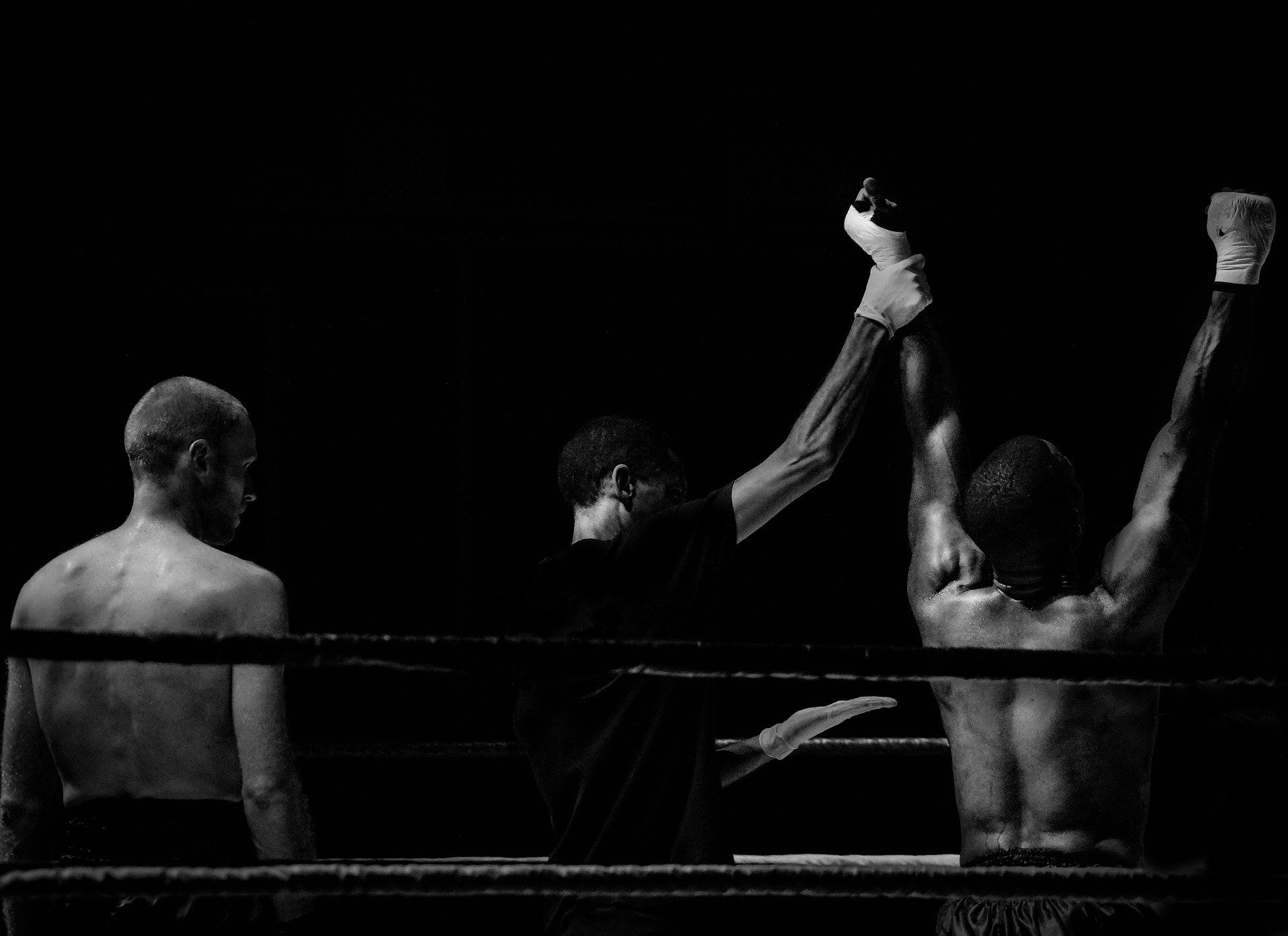 Three boxers in a ring, one raising both arms in victory under dramatic lighting.