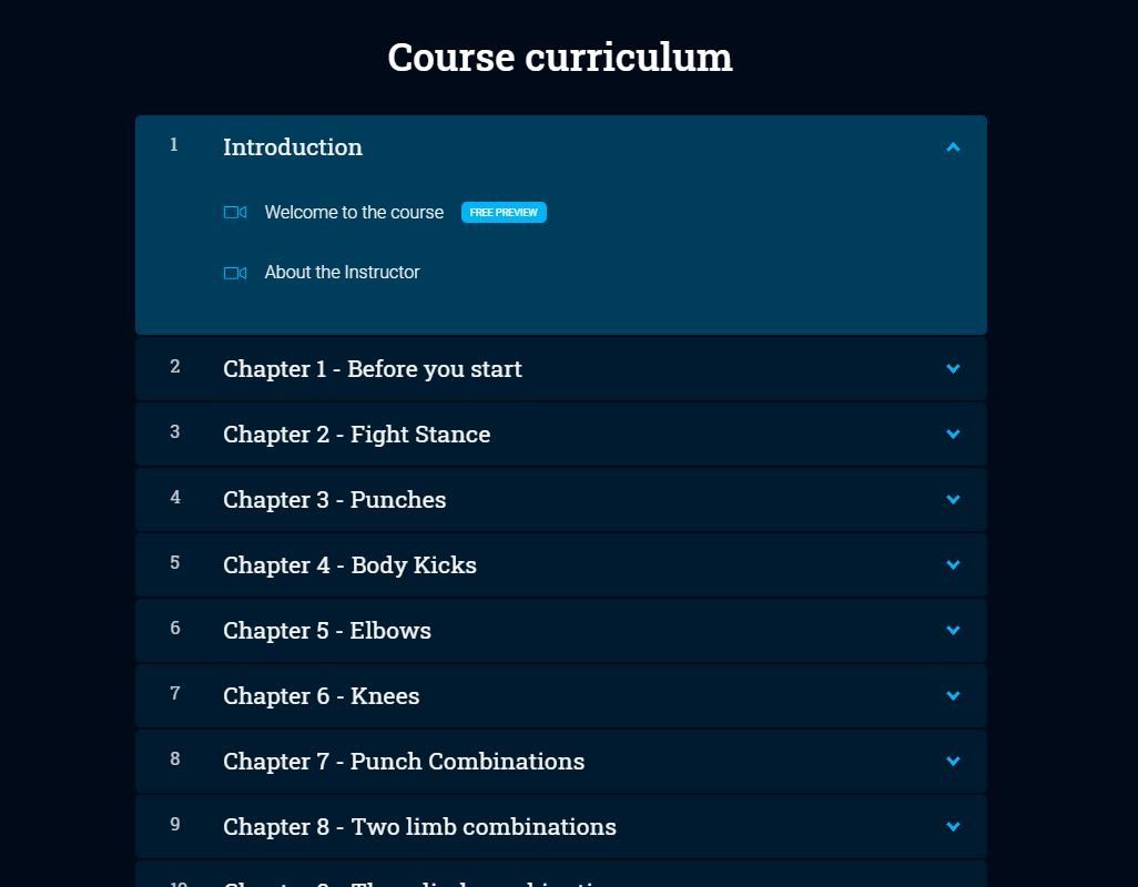 Dark blue course curriculum accordion list with chapter titles and expandable sections