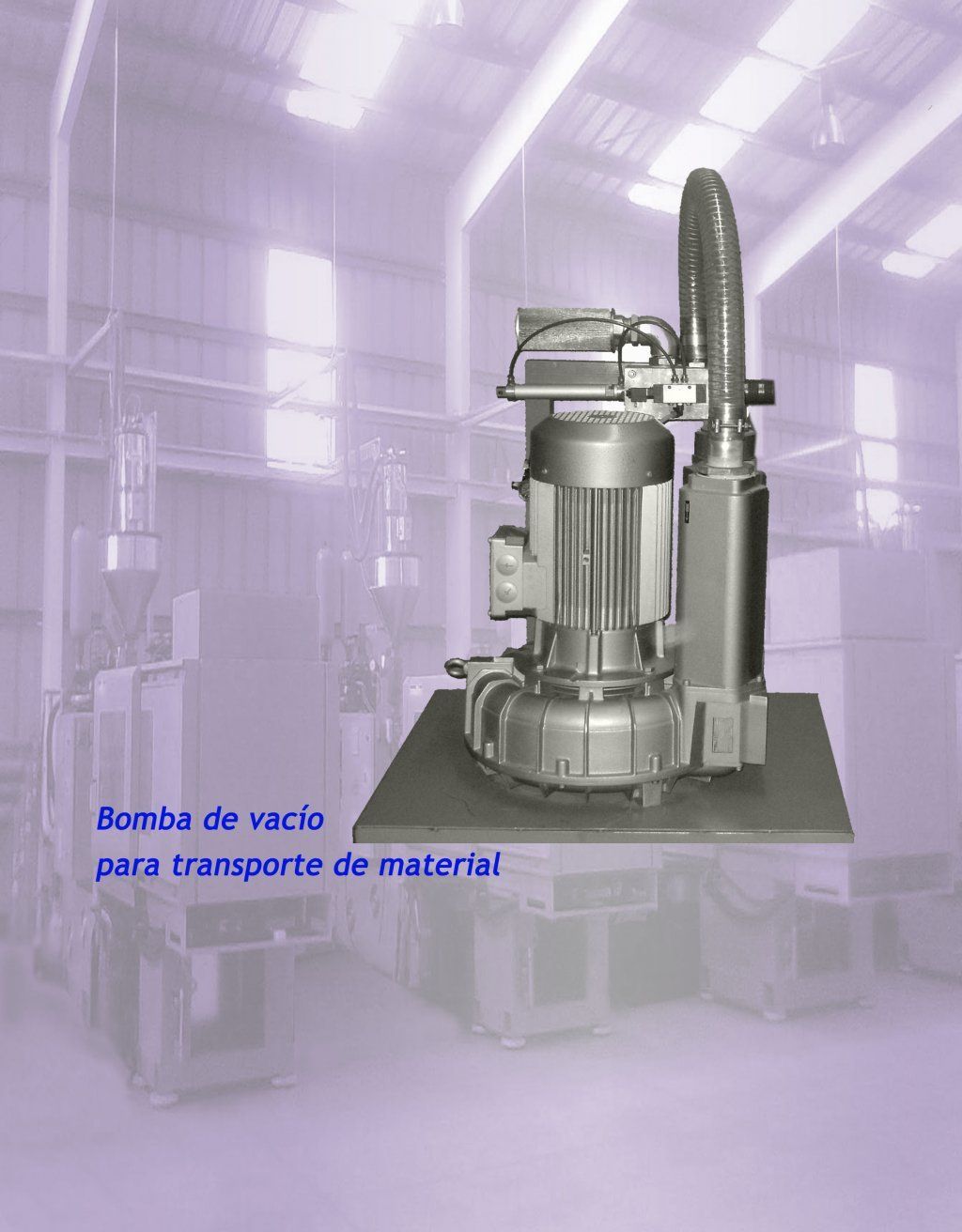Bomba de vacío industrial para transporte de materiales sobre un fondo de almacén morado