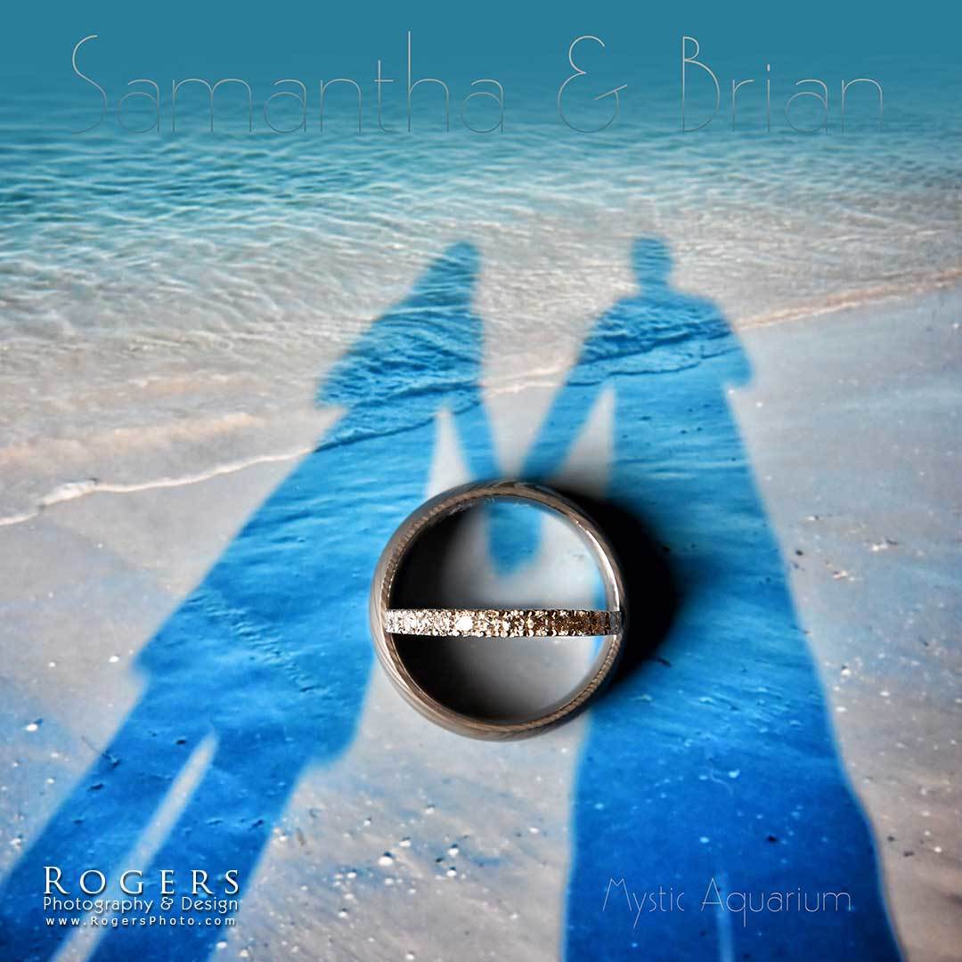 Two long blue shadows on a snowy beach, with a circular metallic object in the center