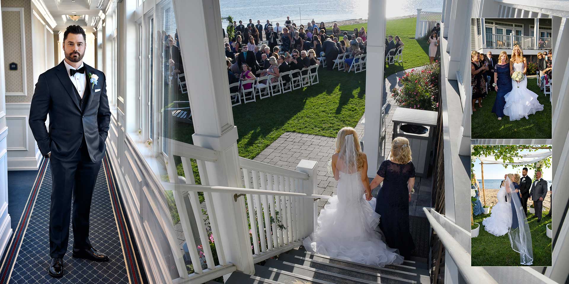Wedding collage: groom in tuxedo on porch, bride and groom on staircase, guests gathered outdoors.