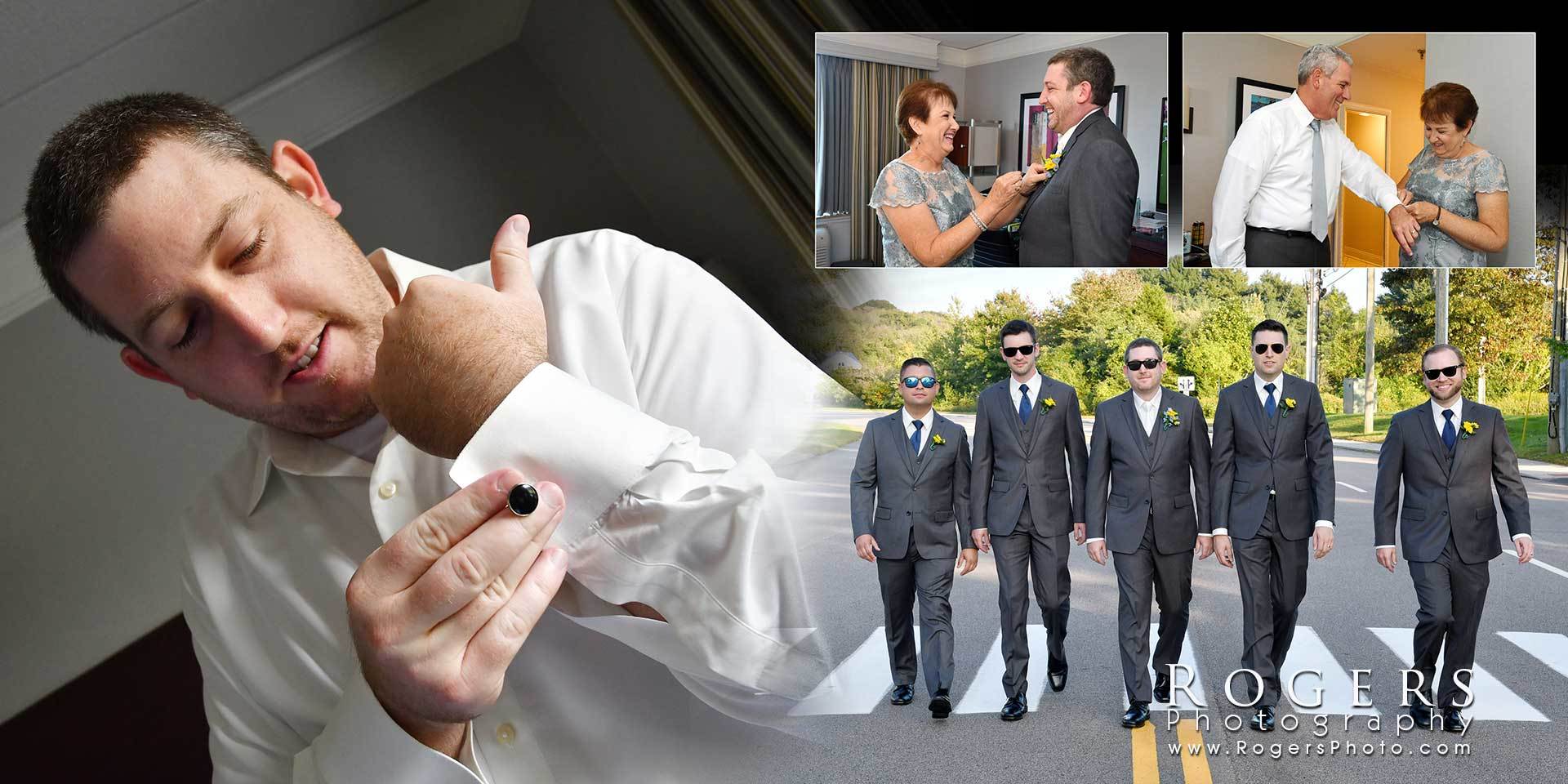 Man adjusting his white shirt cuff, with small inset photos of office and formal outdoor scenes