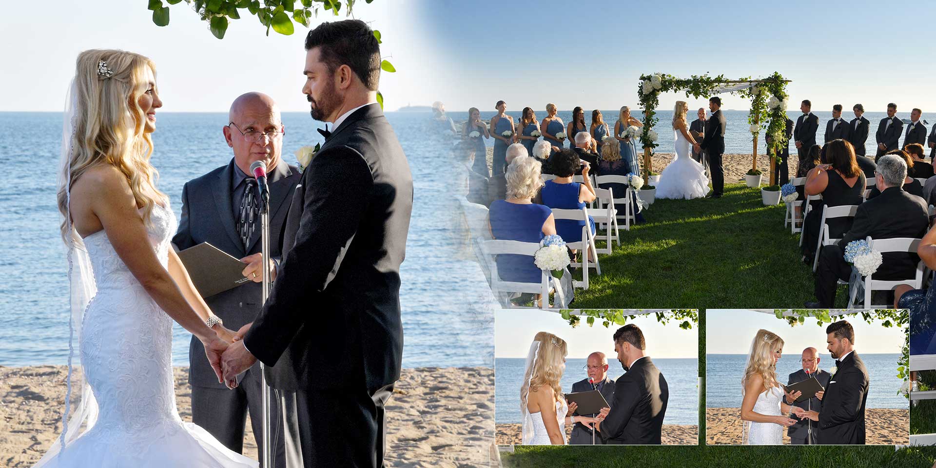 Bride and groom hold hands during beach wedding ceremony with officiant and guests nearby