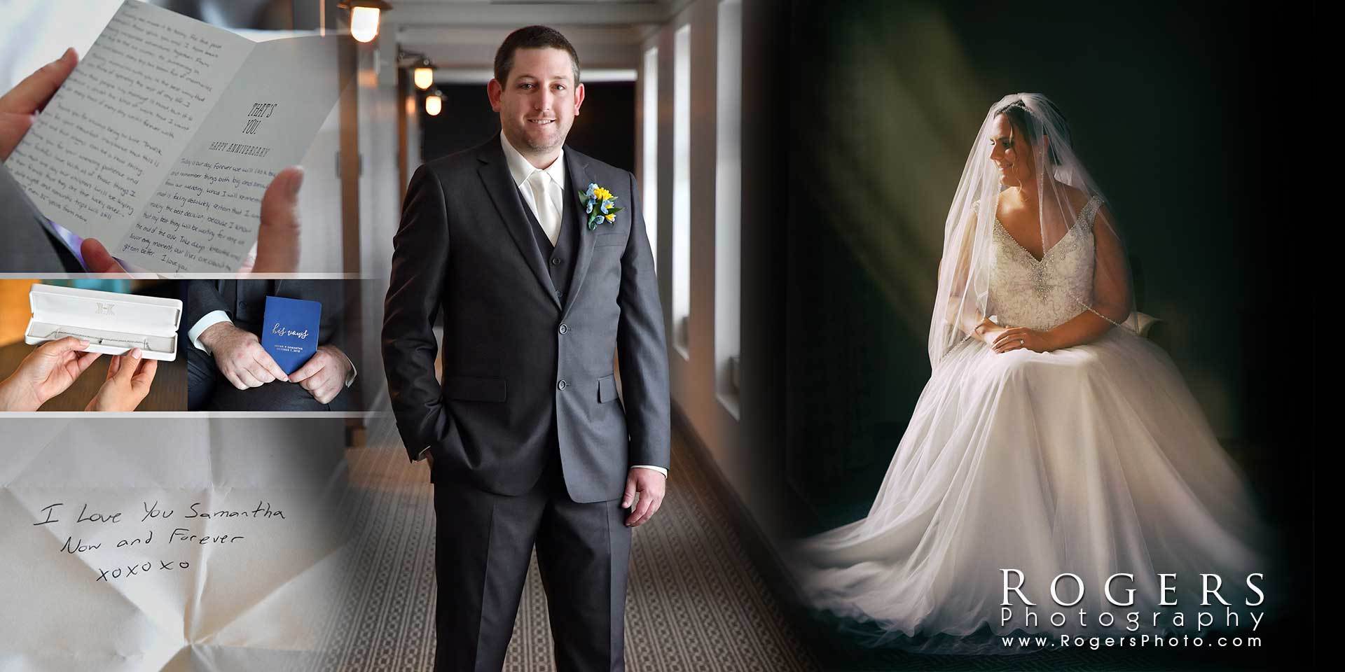 Wedding collage with groom in black suit, bride in white gown, invitation details, and close-up of wedding rings