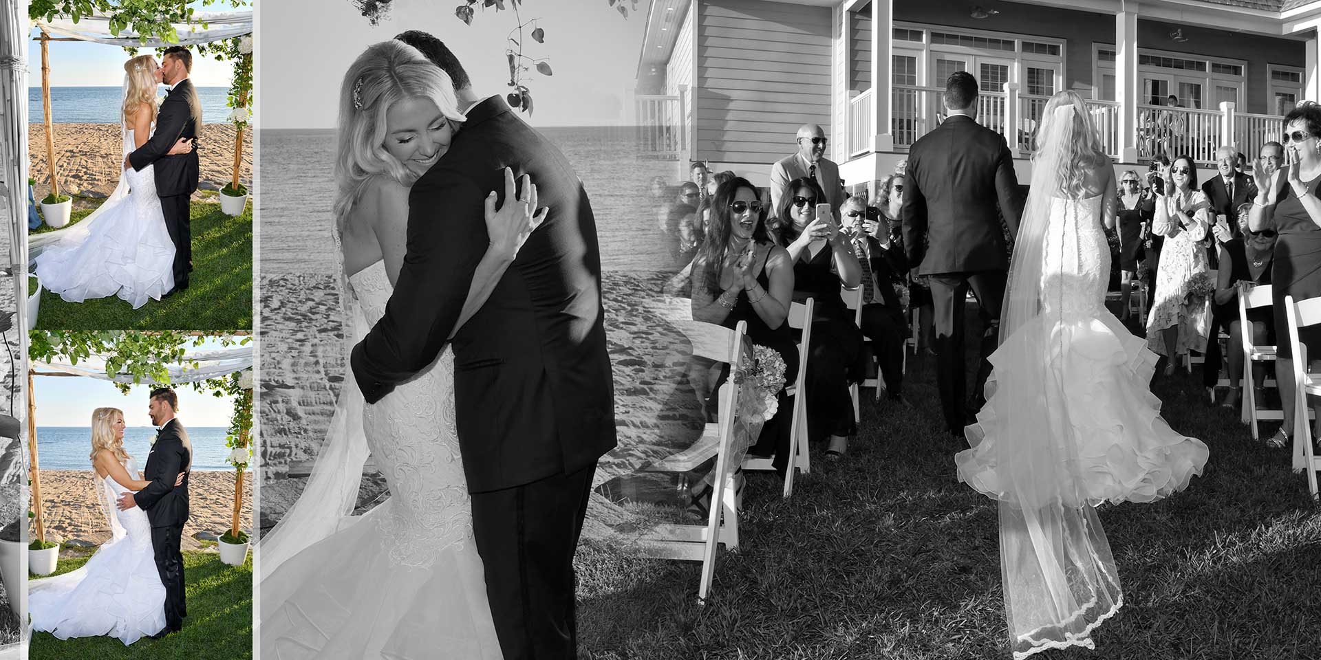 Bride and groom dance at outdoor wedding ceremony under white chairs and floral decorations