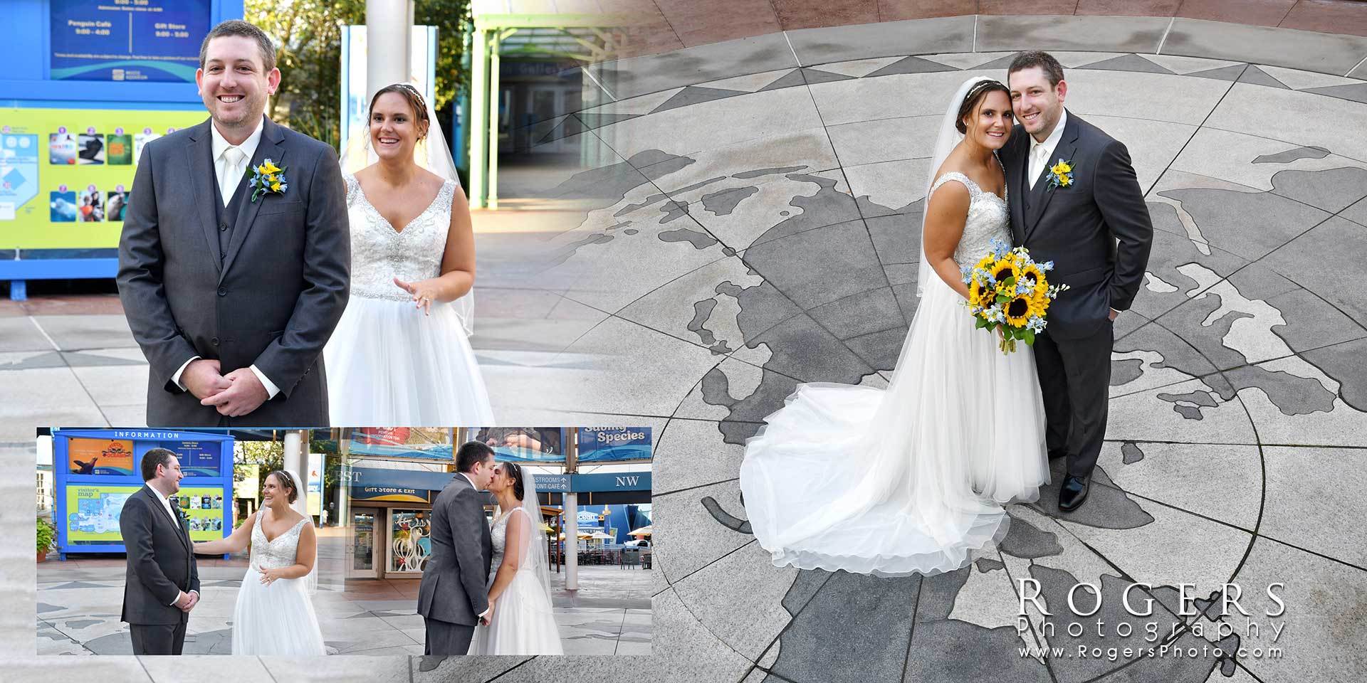 Bride and groom posing at a courthouse wedding, with close-up and full-length views on the floor map backdrop