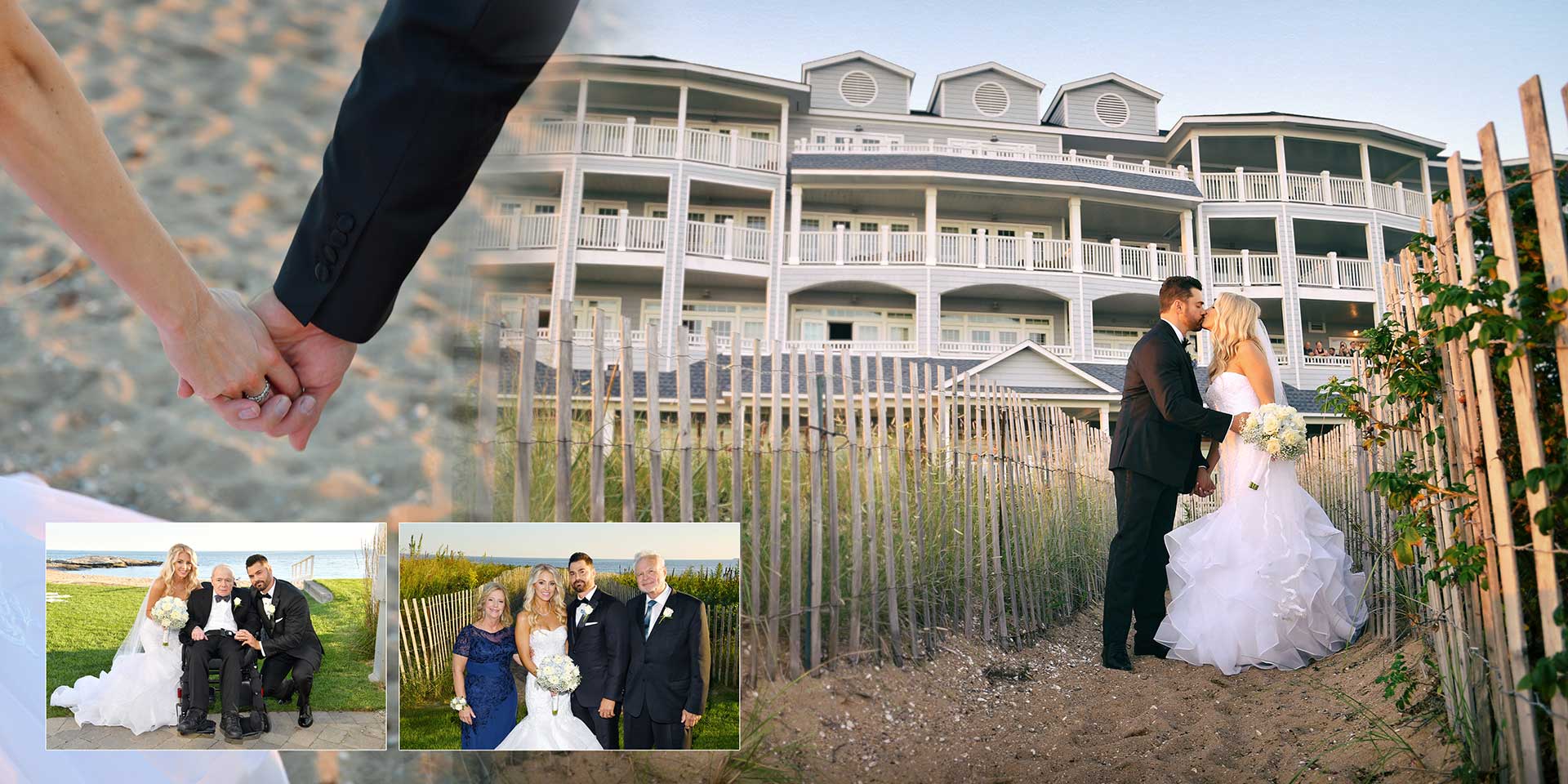 Wedding couple kissing in a garden, with a large white mansion in the background