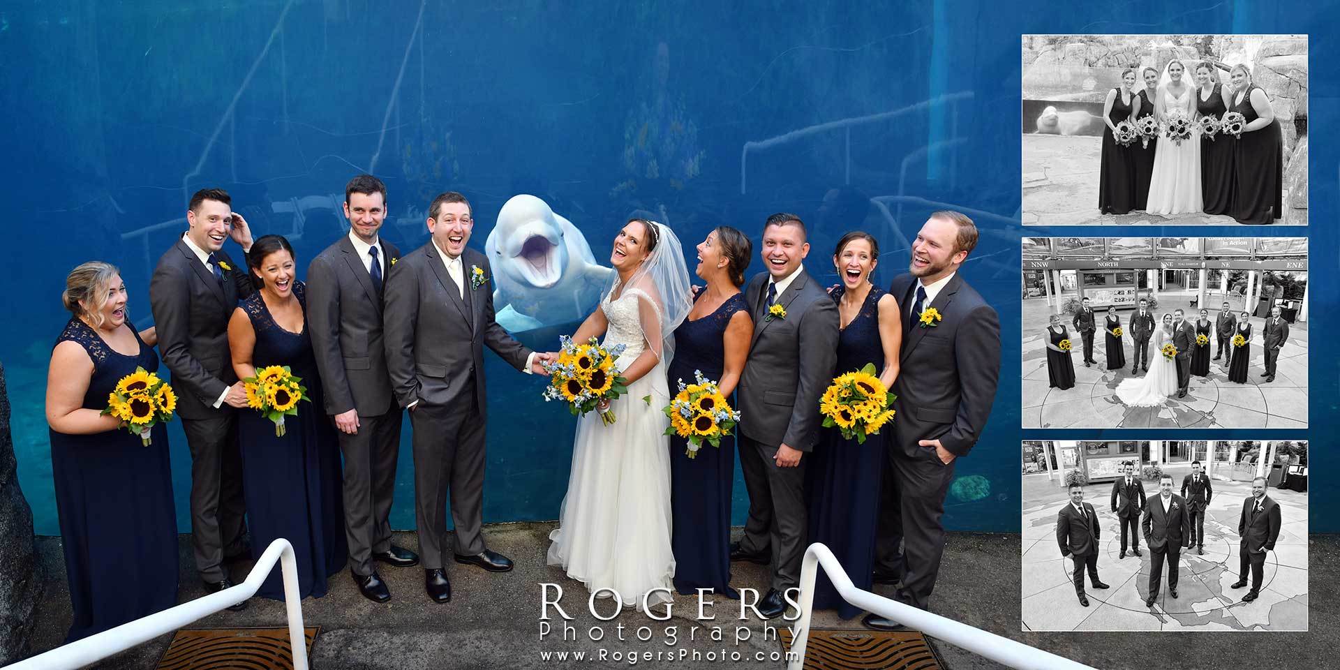 Wedding party posing on blue backdrop with bride, groom, and attendants holding yellow bouquets