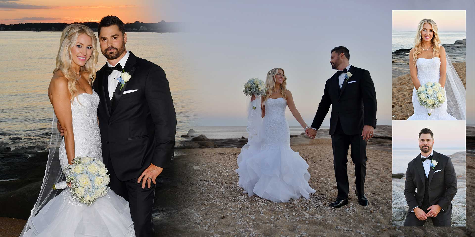 Wedding couple on a beach at sunset, with bride in white gown and groom in black tuxedo embracing.
