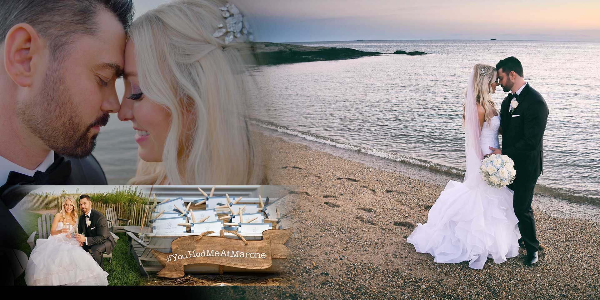 Wedding couple on a rocky beach with ocean waves, plus close-up and small inset wedding scenes