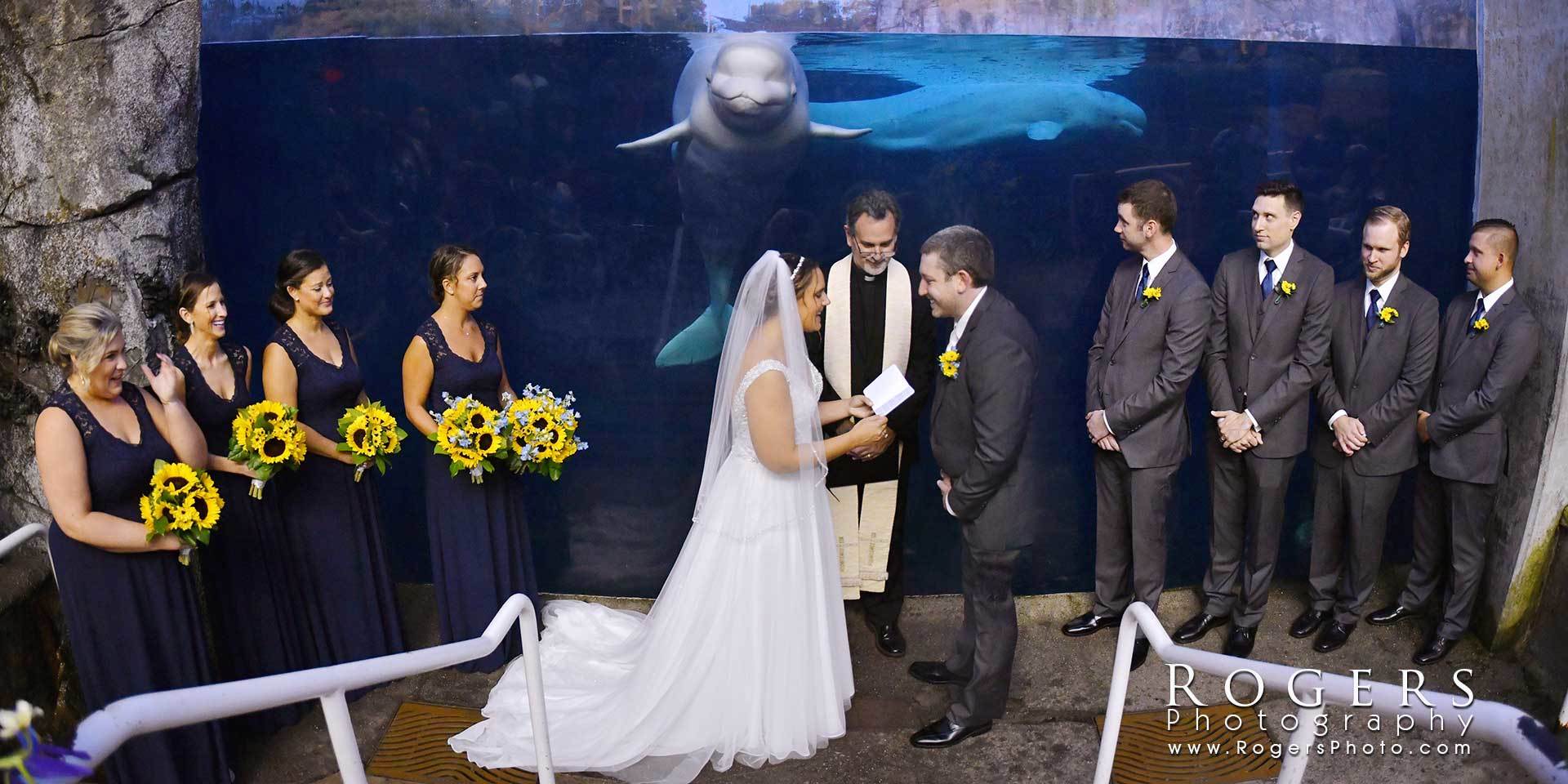 Wedding couple exchanging vows before an aquarium backdrop, bridesmaids holding yellow bouquets nearby.