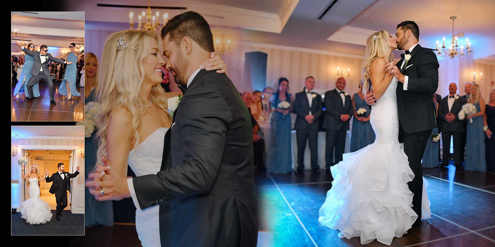 Wedding couple slow dancing in a reception hall, with guests watching nearby