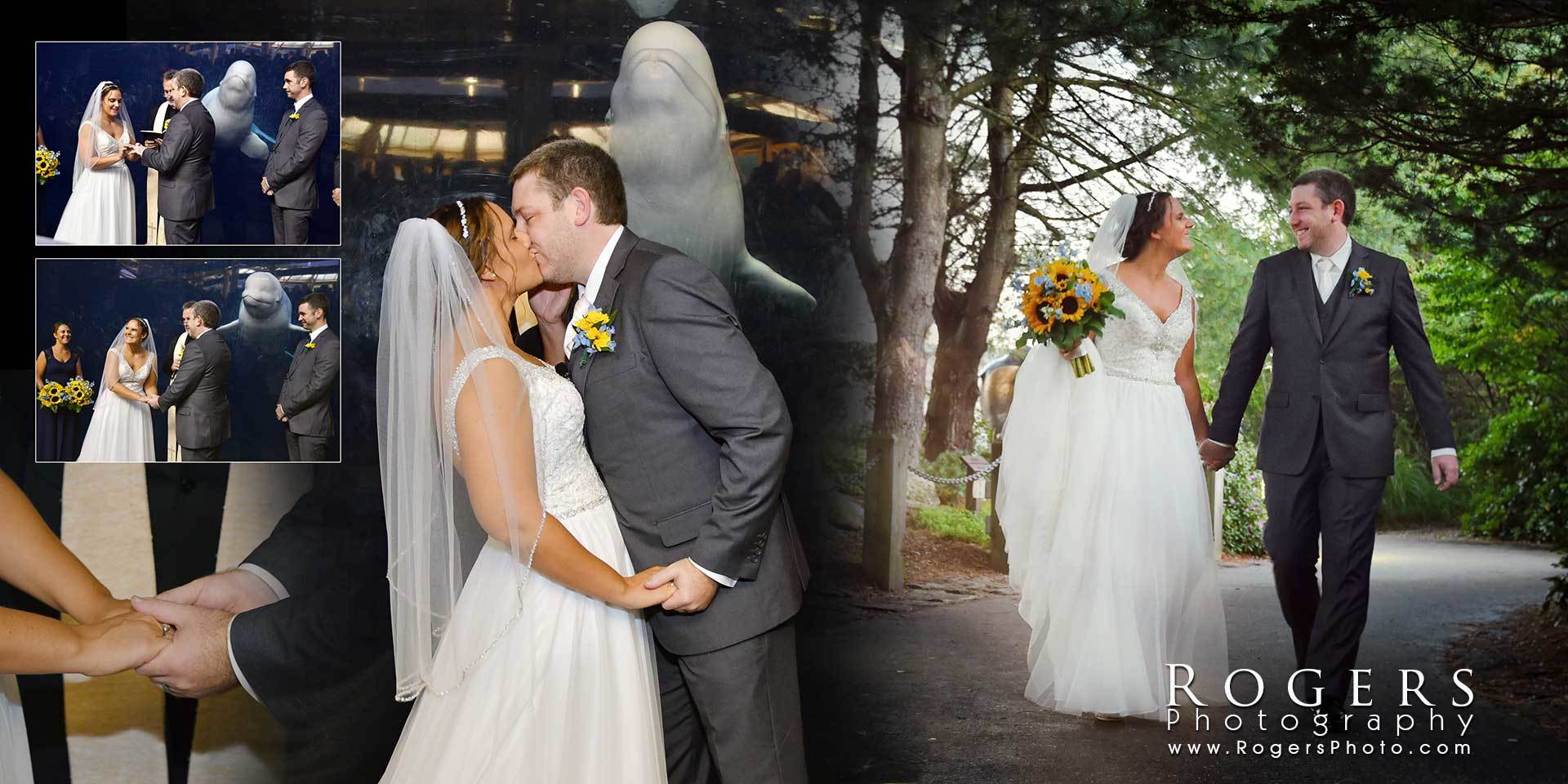 Wedding collage of bride and groom kissing, walking hand in hand, and posing at an outdoor fountain.