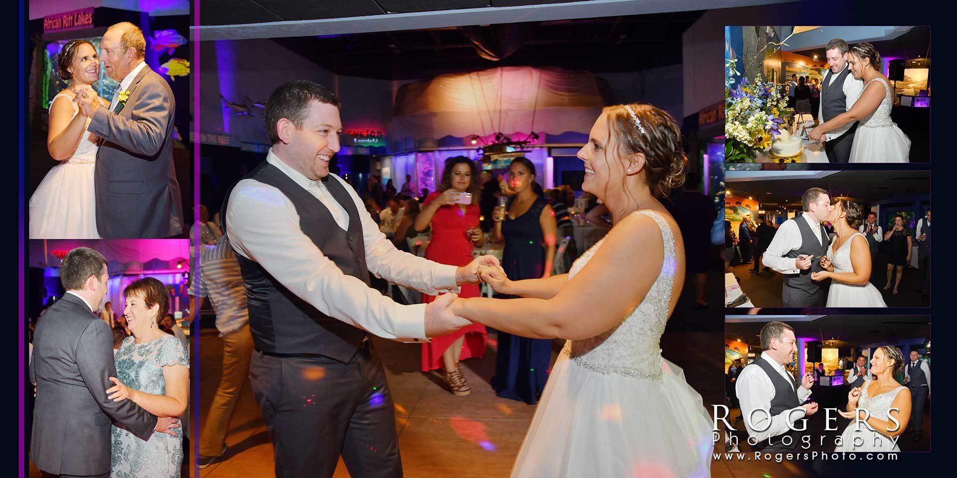 Couple dancing at a lively event, with guests and colorful lights in the background.