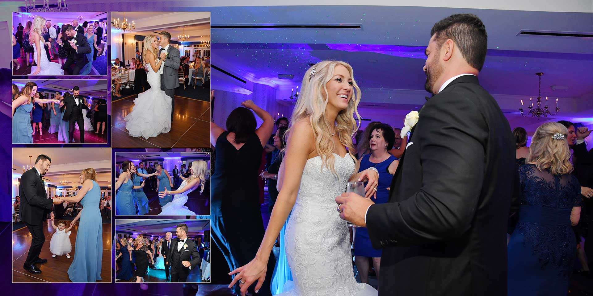Couple dancing at a wedding reception under purple-blue lights, with a photo collage on the left