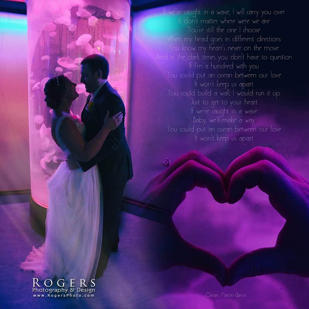 Silhouetted wedding couple embracing under a purple glow beside a heart-shaped hand sculpture and poem text.