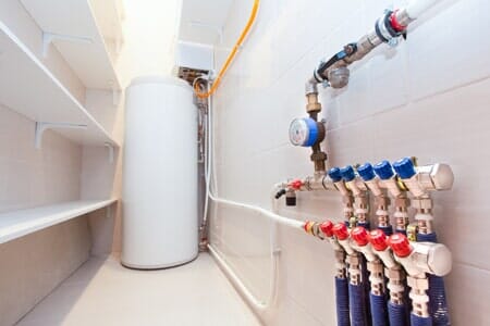 Boiler in Tiled Room — HVAC Service in New Athens, IL Boiler in Tiled Room — HVAC Service in New Athens, IL