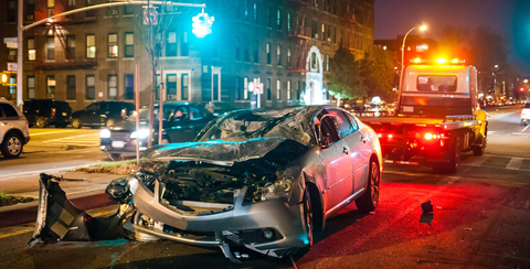 car crash accident on street, damaged automobiles after collision in city