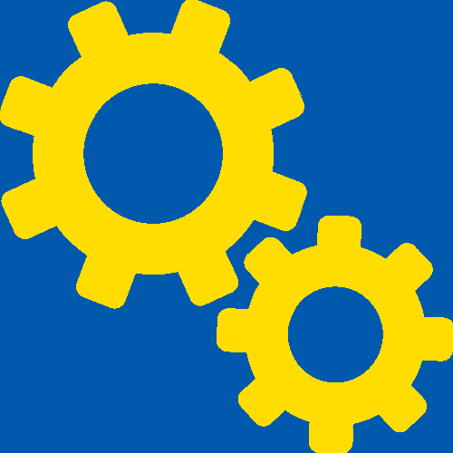 Gelbe Zahnräder auf blauem Hintergrund, die Einstellungen oder technische Vorgänge vorschlagen.