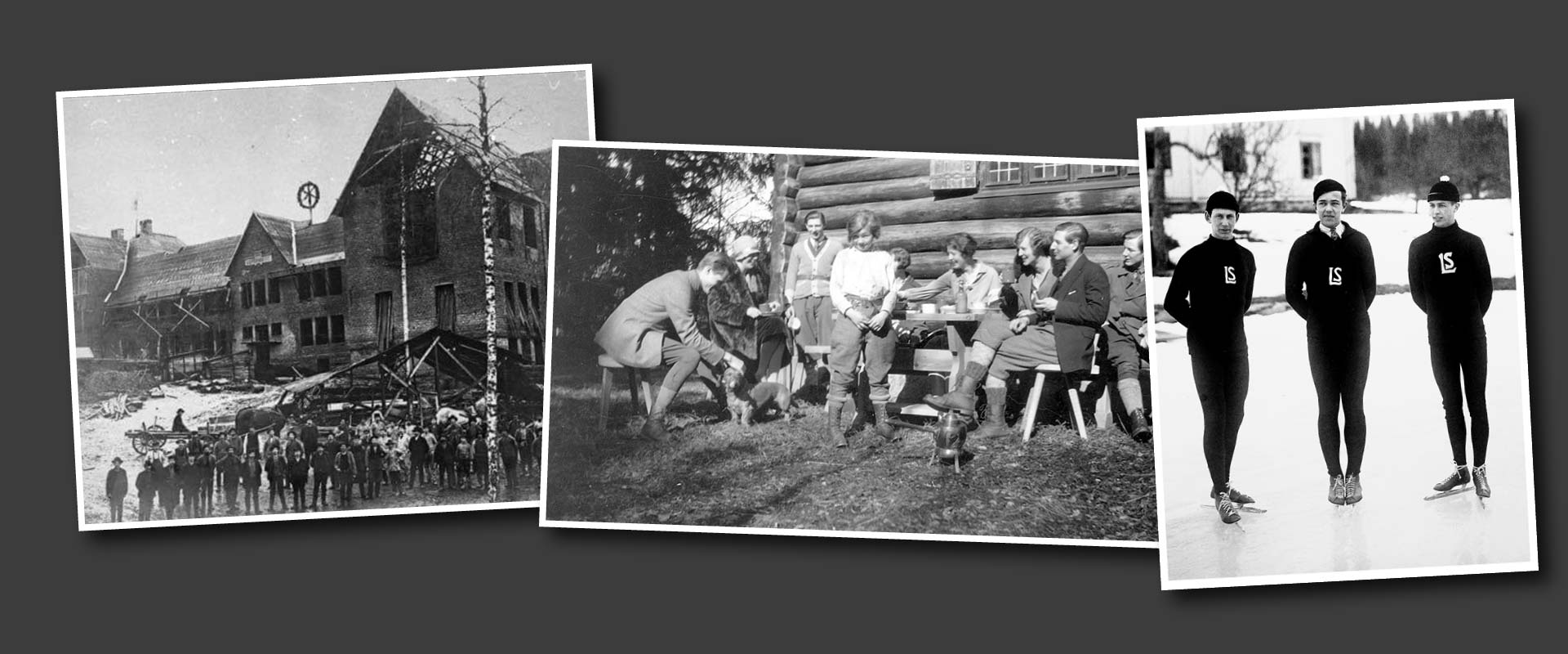 Tre svartvita foton: en historisk byggnad, en grupp som rider på hästar och tre personer i mörka kläder som går