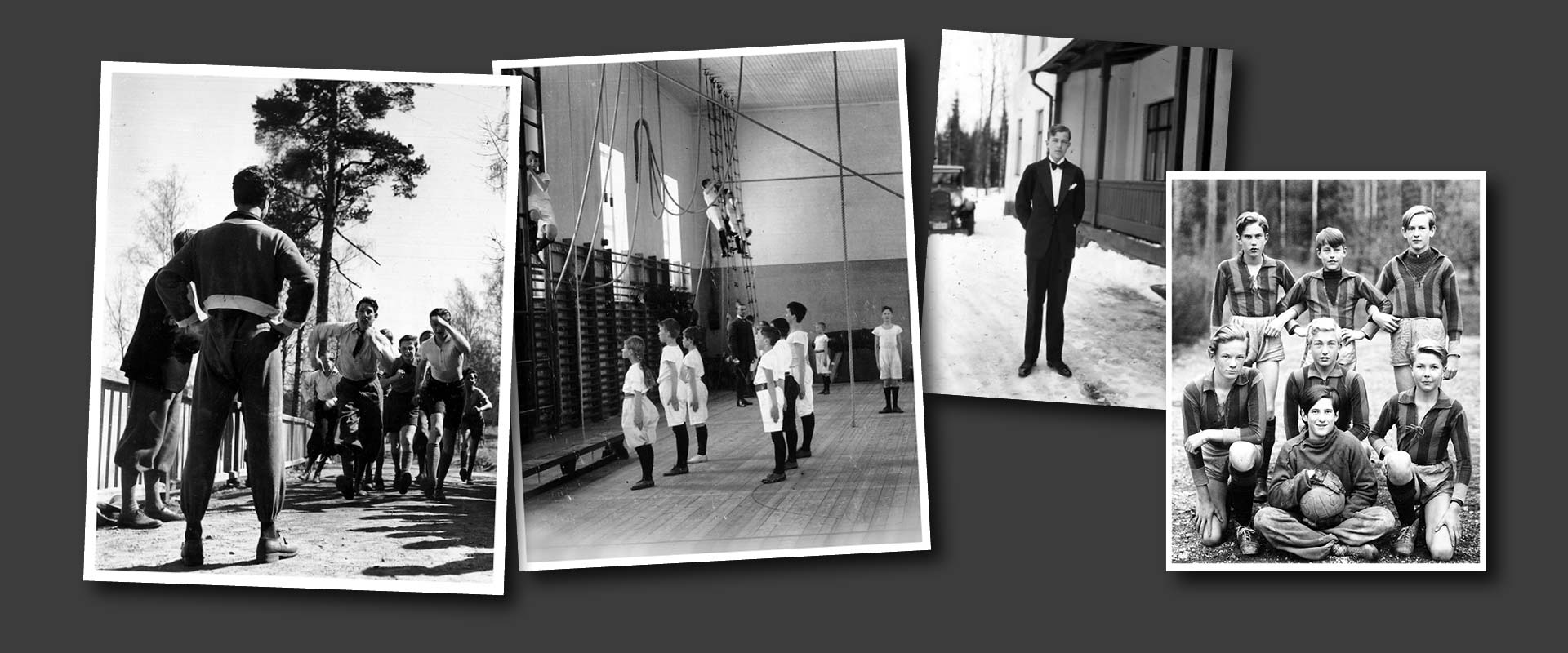 Svartvitt collage av fyra vintagefoton som visar människor som poserar utomhus och i gruppporträtt