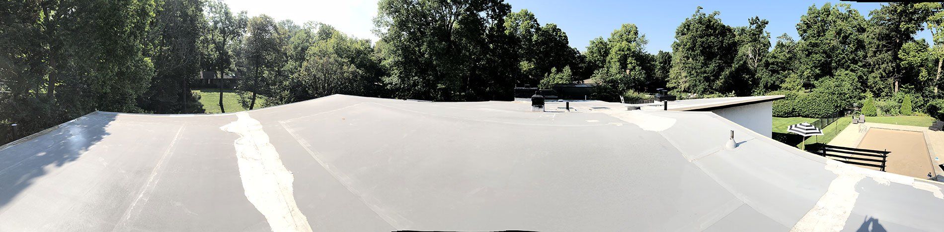 A person is riding a skateboard down a ramp in a park.