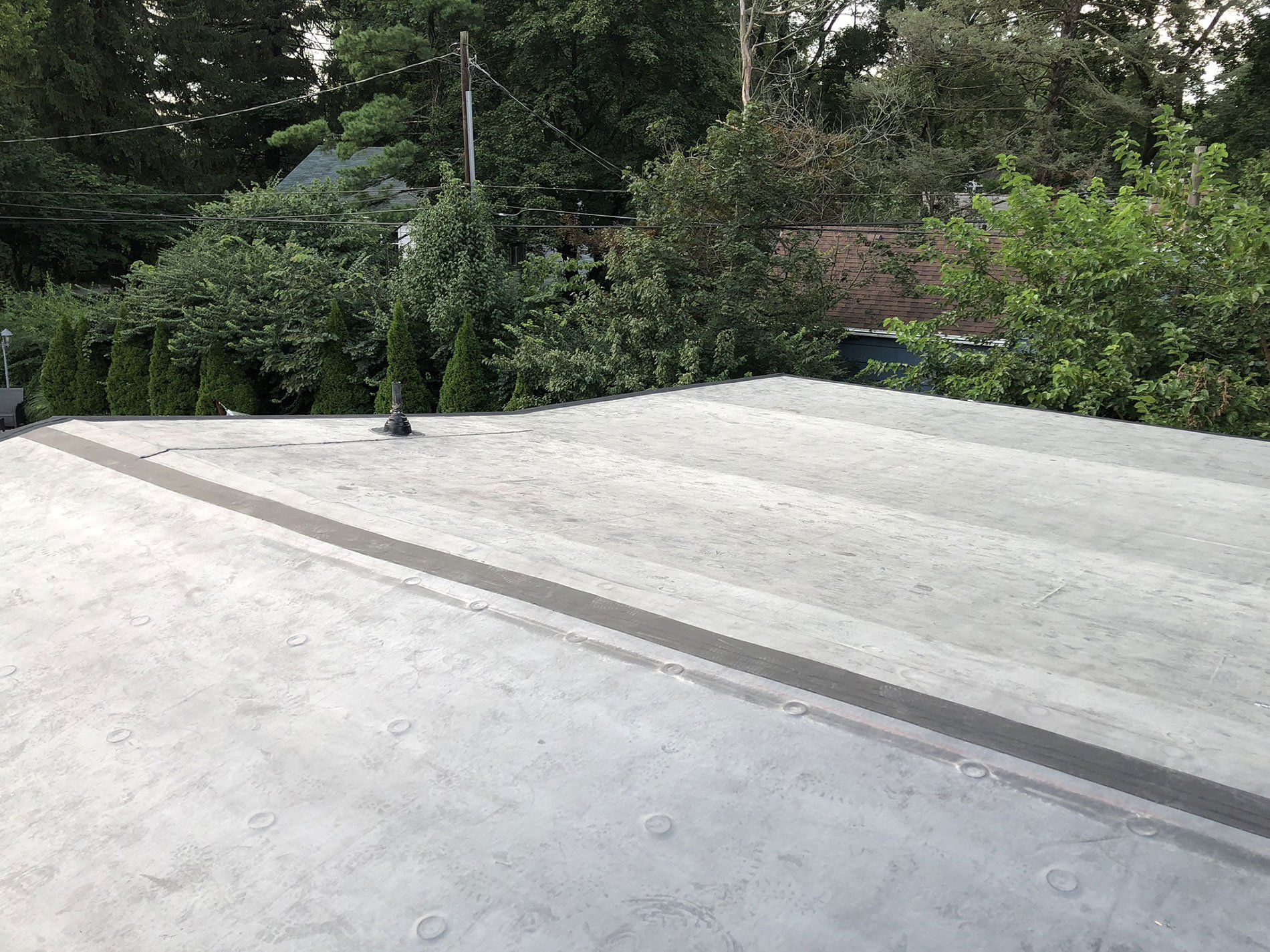 A concrete roof with trees in the background.