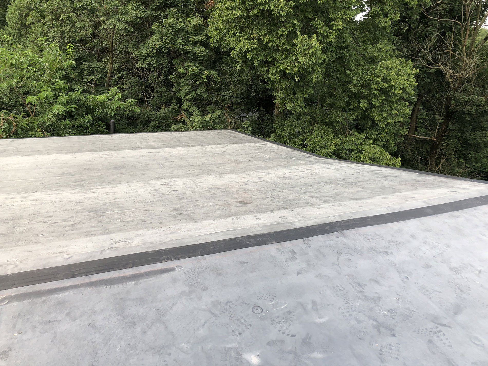 A concrete roof with trees in the background.