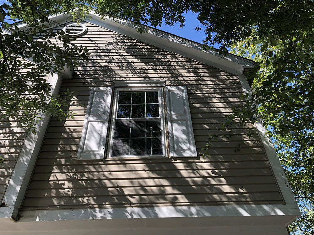 A house with a window and shutters on it is surrounded by trees.