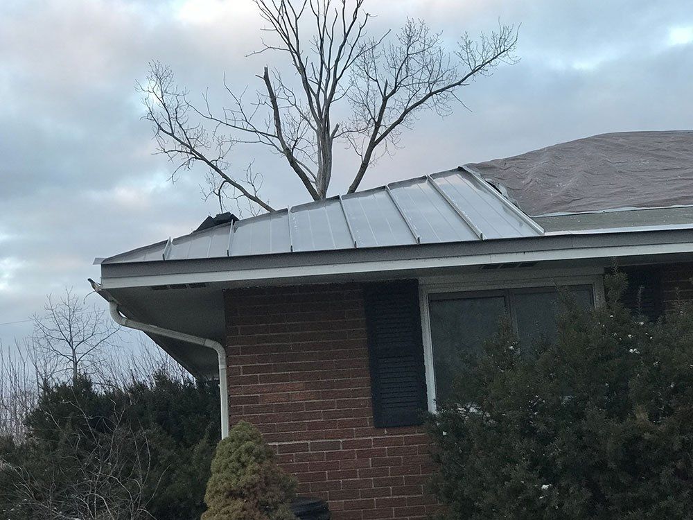 A brick house with a tree on the roof