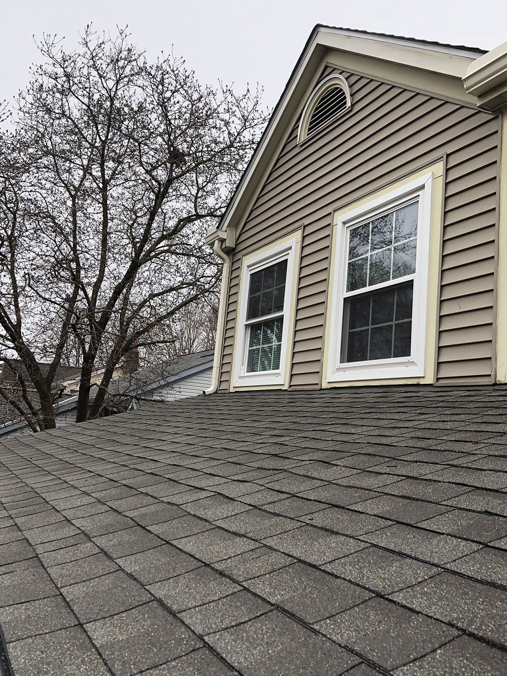 A house with a roof and a tree in the background.