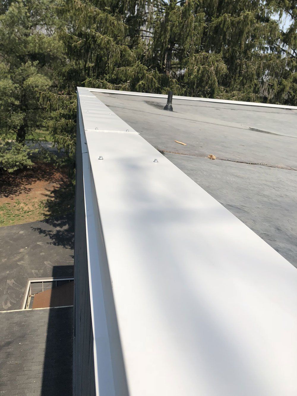 A roof with a white railing on it and trees in the background.